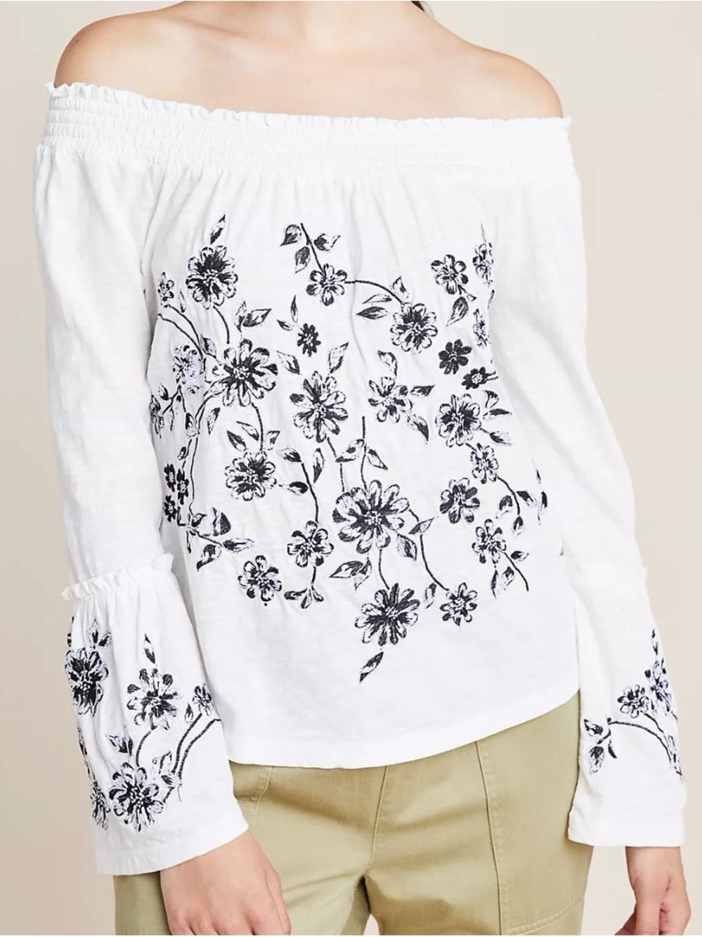 Anthropologie White Off-Shoulder Blouse with Black Floral Print